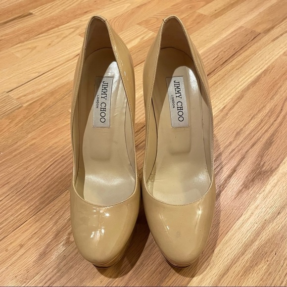 Jimmy Choo beige patent leather platform stiletto heels size 6.5 - Picture 2 of 9